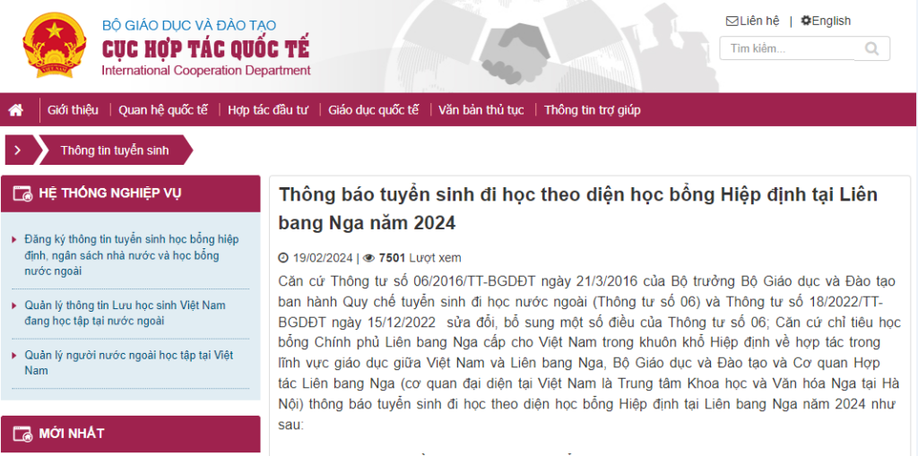 [THÔNG BÁO] Tuyển sinh đi học tại Liên Bang Nga năm 2024