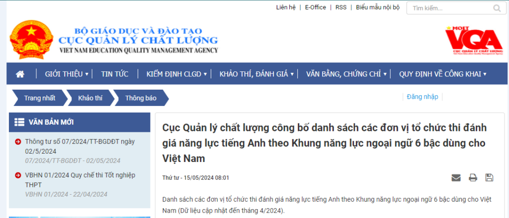 Cục Quản lý chất lượng công bố danh sách các đơn vị tổ chức thi đánh giá năng lực tiếng Anh theo Khung năng lực ngoại ngữ 6 bậc dùng cho Việt Nam