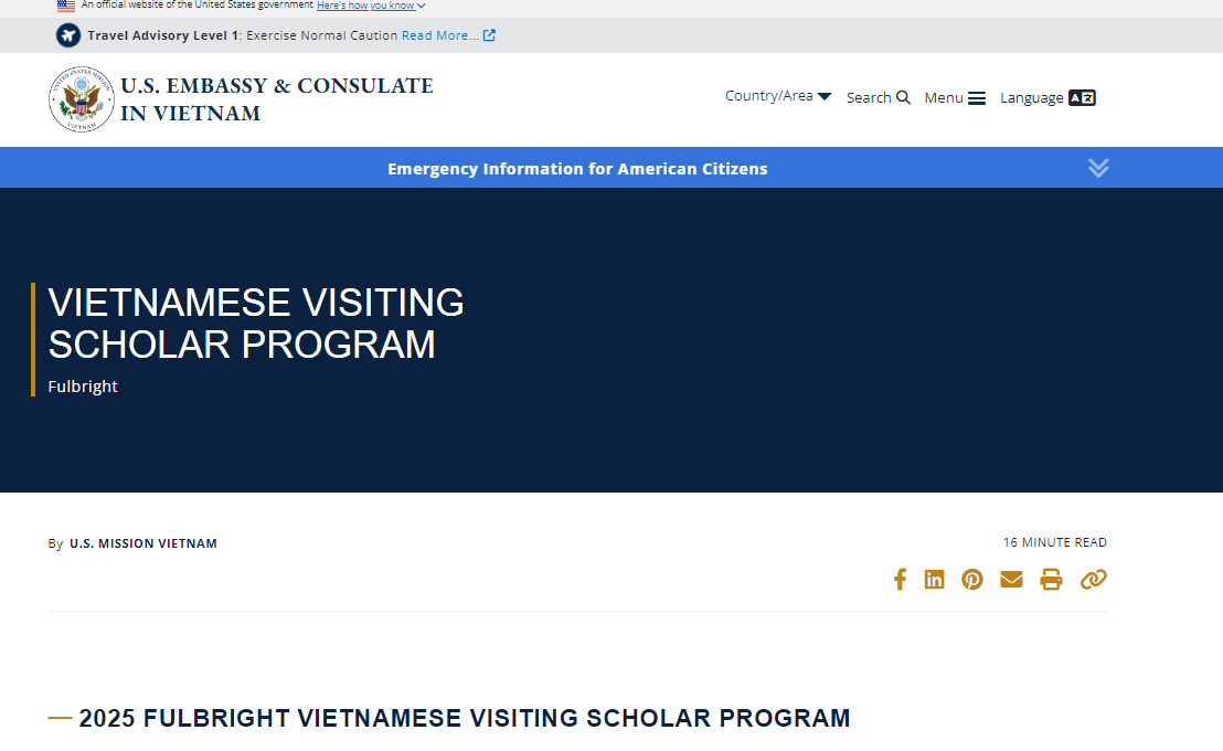 Chương trình Học bổng Học giả Fulbright Năm học 2025-2026