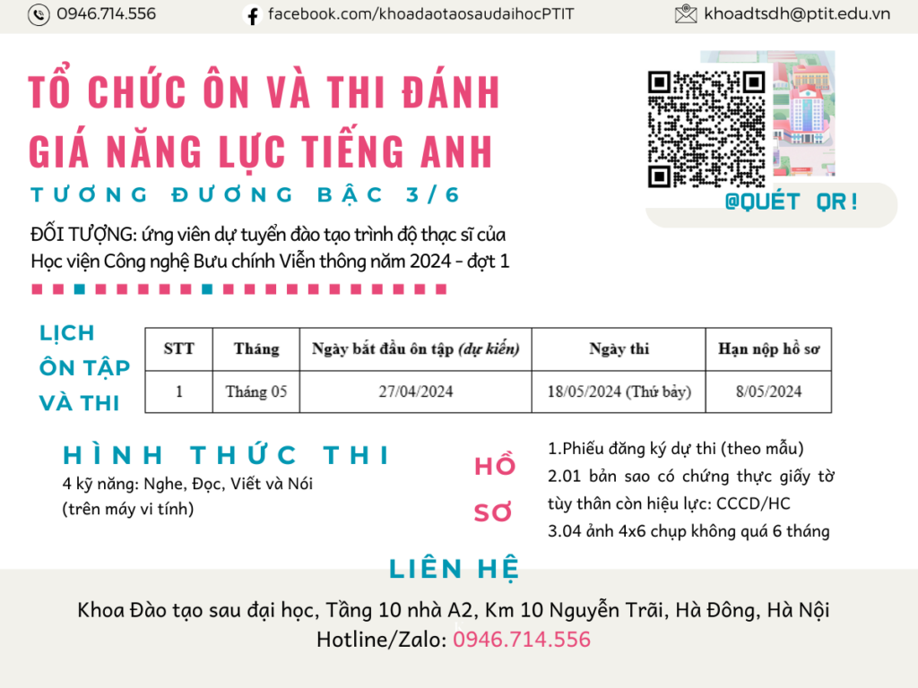 [THÔNG BÁO] V/v tổ chức lớp học ôn và thi đánh giá năng lực tiếng Anh cho thí sinh đăng ký xét tuyển đầu vào trình độ thạc sĩ đợt 1 năm 2024  tại Học viện Công nghệ Bưu chính Viễn thông