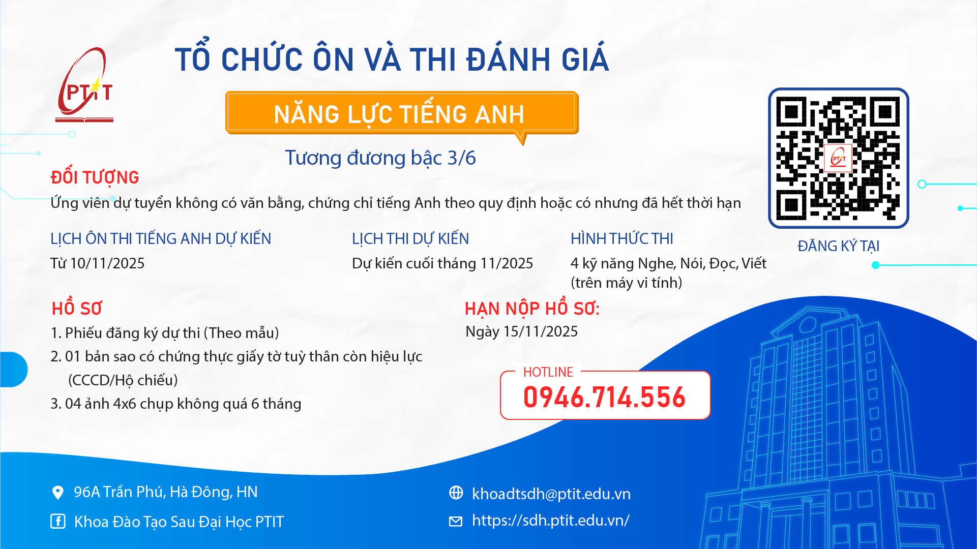 Poster PTIT thông báo ôn và thi năng lực tiếng Anh cho thí sinh xét tuyển thạc sĩ 2025.