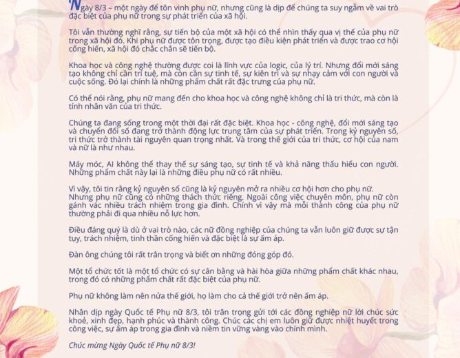 Thư chúc mừng của Bộ trưởng Nguyễn Mạnh Hùng nhân Ngày Quốc tế Phụ nữ 8/3