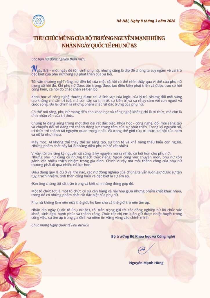 Thư chúc mừng của Bộ trưởng Nguyễn Mạnh Hùng nhân Ngày Quốc tế Phụ nữ 8/3