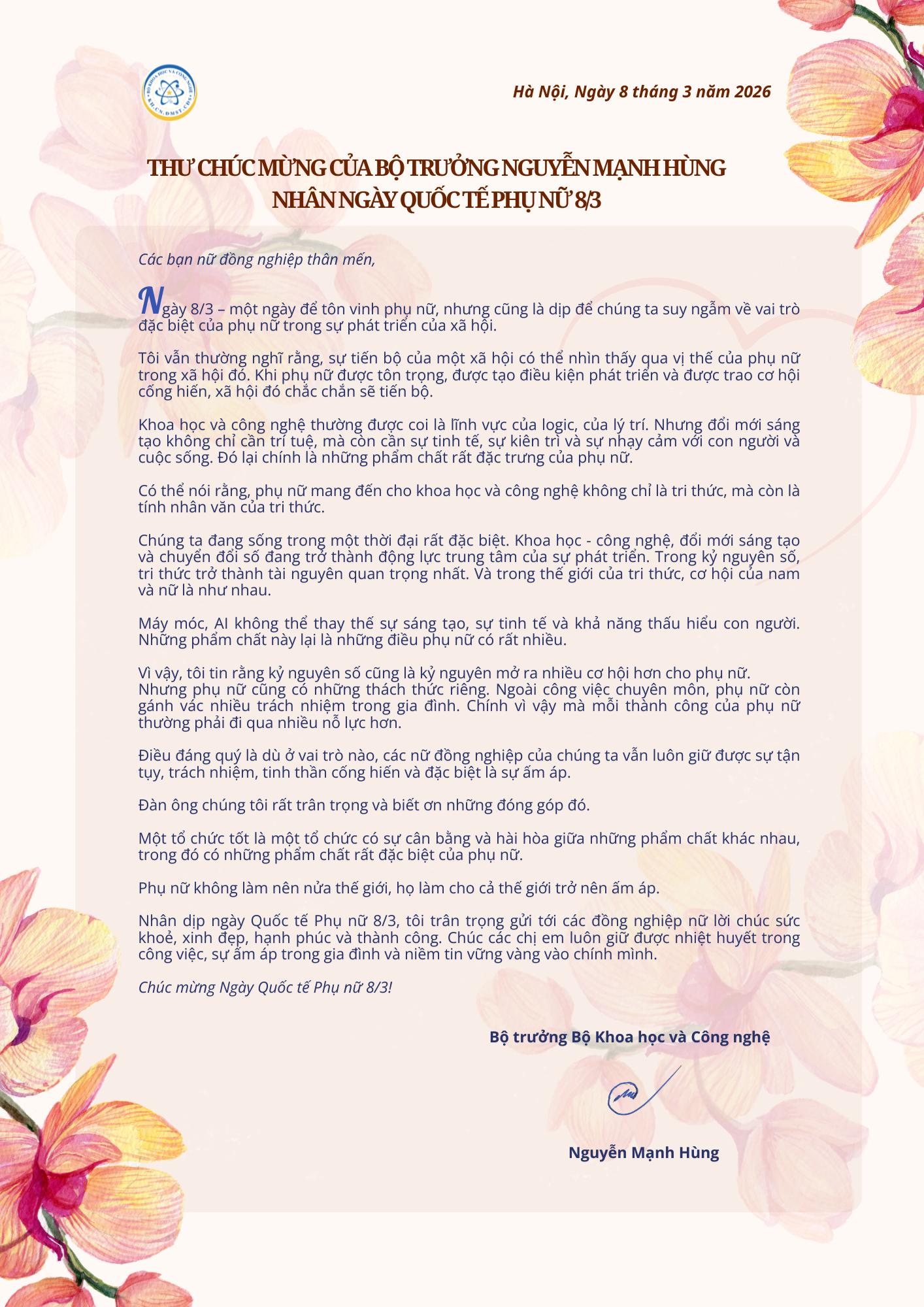 Thư chúc mừng của Bộ trưởng Nguyễn Mạnh Hùng nhân Ngày Quốc tế Phụ nữ 8/3