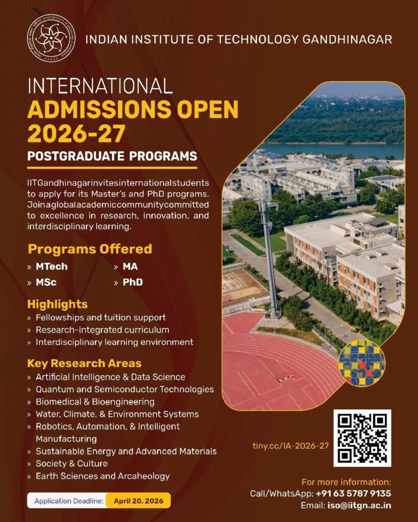 THÔNG BÁO CHƯƠNG TRÌNH HỌC BỔNG SAU ĐẠI HỌC QUỐC TẾ NĂM HỌC 2026–2027 CỦA INDIAN INSTITUTE OF TECHNOLOGY GANDHINAGAR