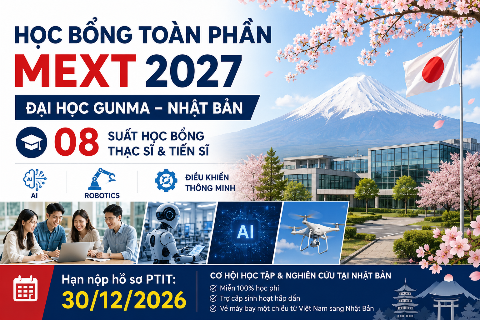 CHƯƠNG TRÌNH HỌC BỔNG CHÍNH PHỦ NHẬT BẢN (MEXT) 2027 TẠI ĐẠI HỌC GUNMA