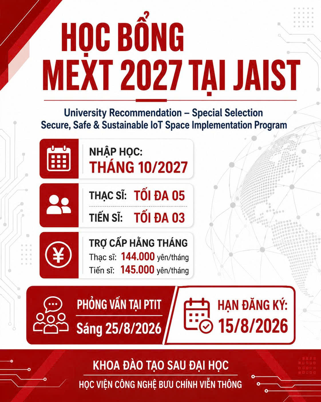 CHƯƠNG TRÌNH HỌC BỔNG CHÍNH PHỦ NHẬT BẢN (MEXT) 2027 TẠI JAIST