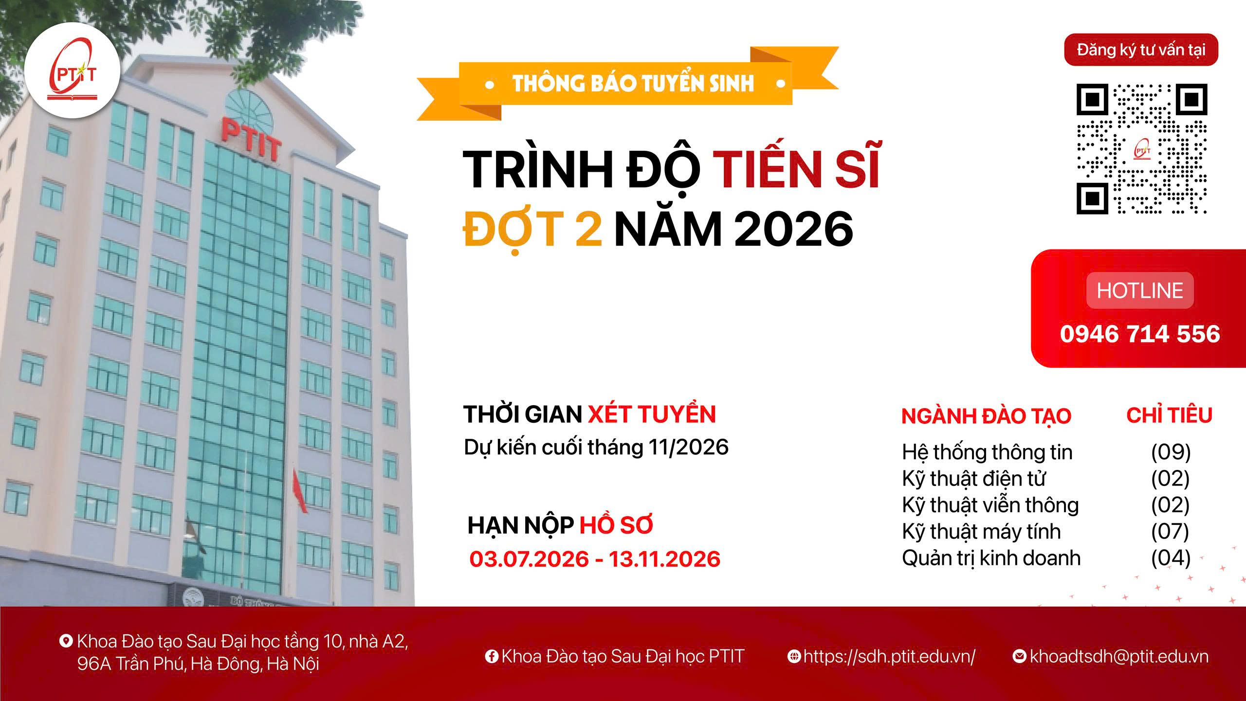 THÔNG BÁO TUYỂN SINH TRÌNH ĐỘ TIẾN SĨ ĐỢT 2 NĂM 2026